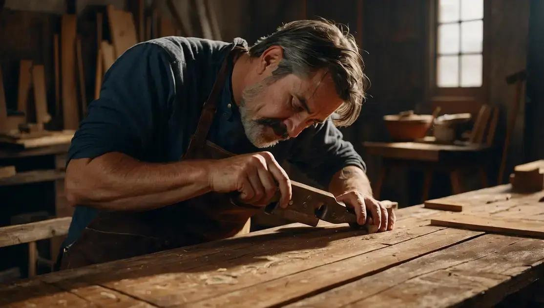 Lixamento manual de mesas antigas com madeira de demolição