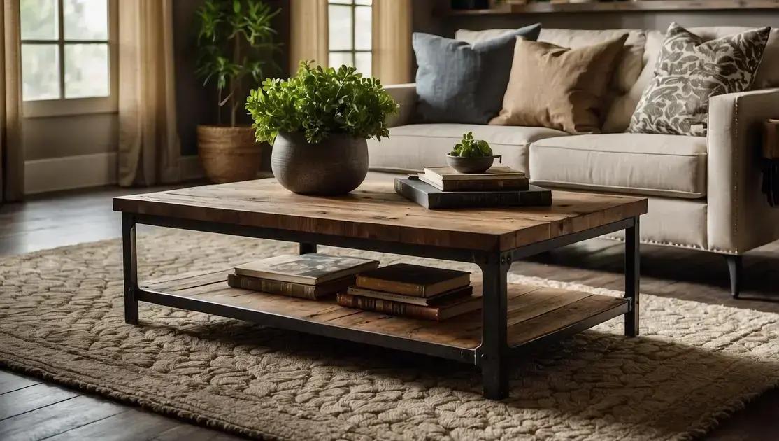 Mesas de centro com tampo de demolição e base de ferro forjado