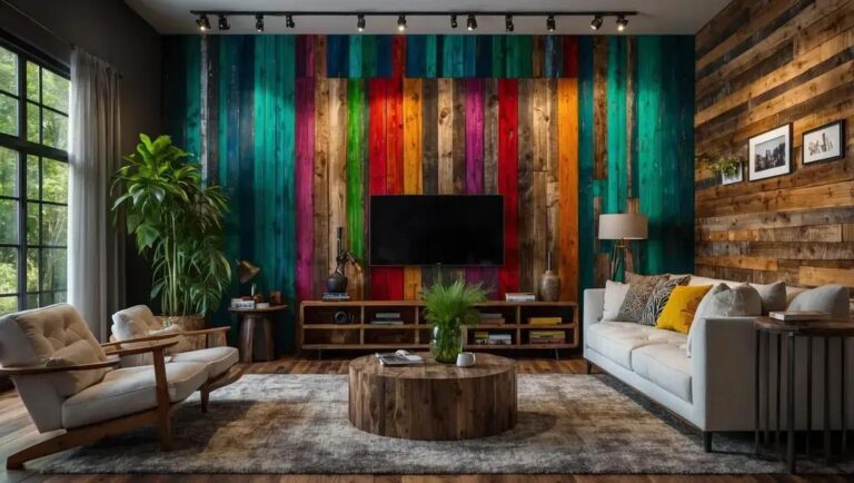 Painéis de parede decorativos feitos com tábuas de demolição coloridas