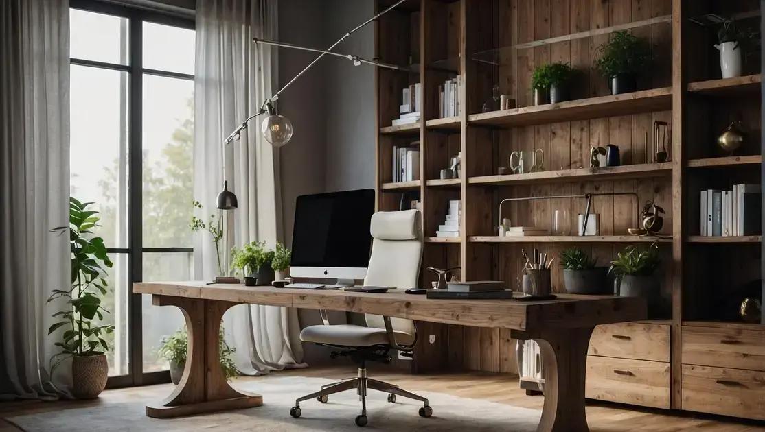 Prateleiras suspensas de madeira reciclada para home office minimalista