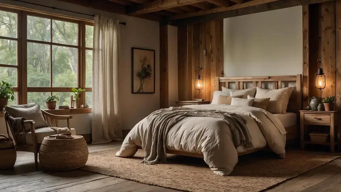 Quarto de hóspedes com móveis rústicos de madeira clara e enxoval cru