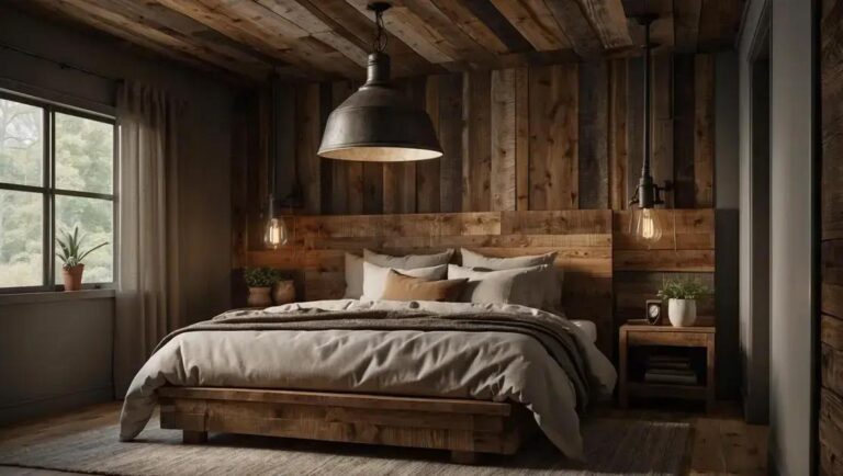 Quarto rústico com cabeceira de demolição e luminária pendente artesanal