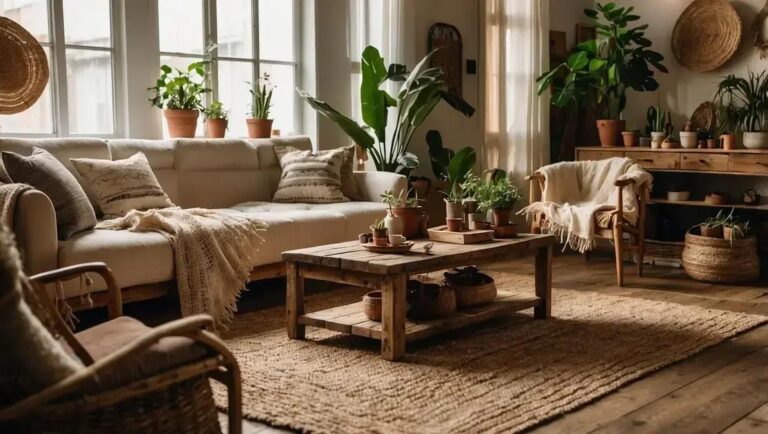 Sala de estar boho com móveis de demolição e tapete de juta natural