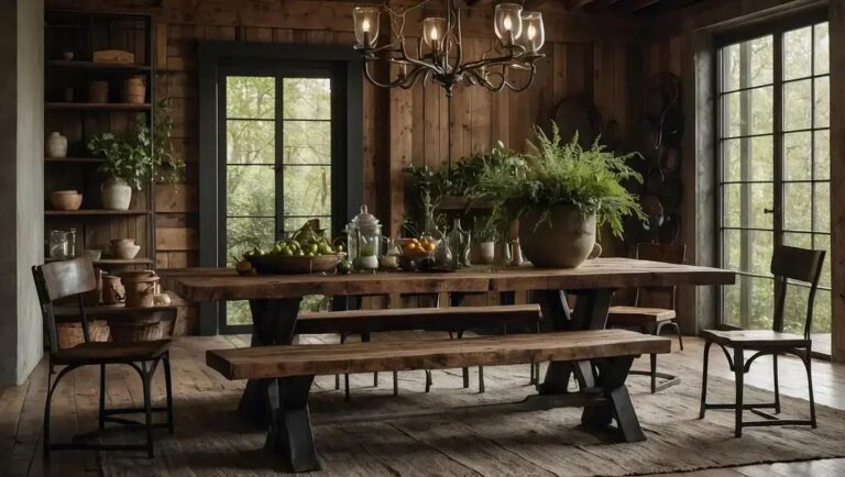Sala de jantar rústica com mesa de demolição e cadeiras de ferro vintage