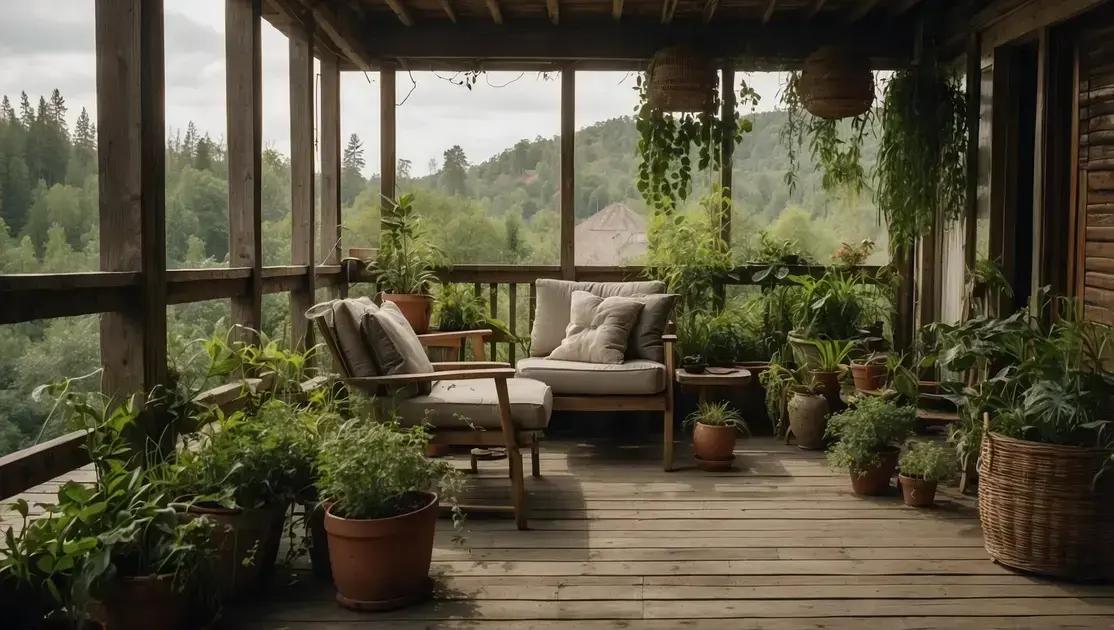 Varanda com móveis rústicos de demolição e plantas pendentes naturais