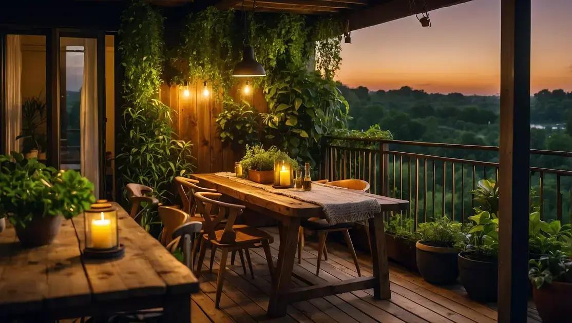 Varanda gourmet com mesa rústica e iluminação amarela suspensa