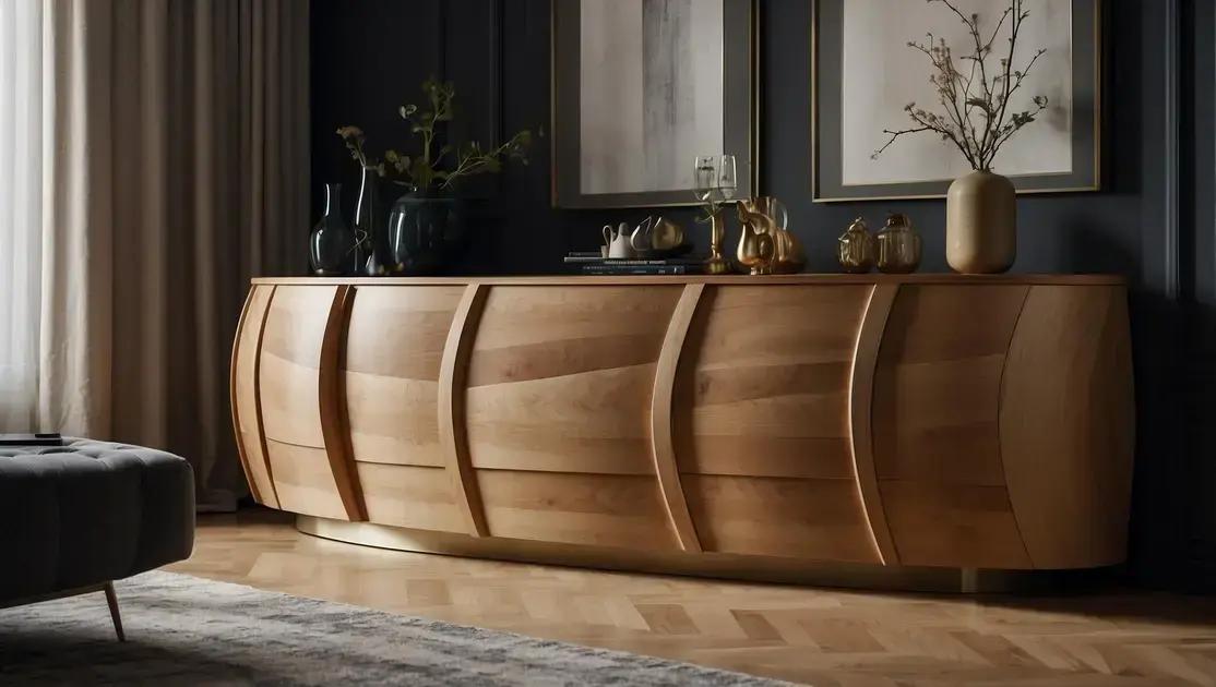 Criação e design de aparadores curvos de madeira maciça com acabamento acetinado