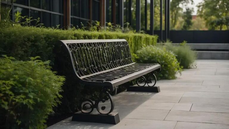 Criação e design de bancos longos de demolição com estrutura de ferro forjado