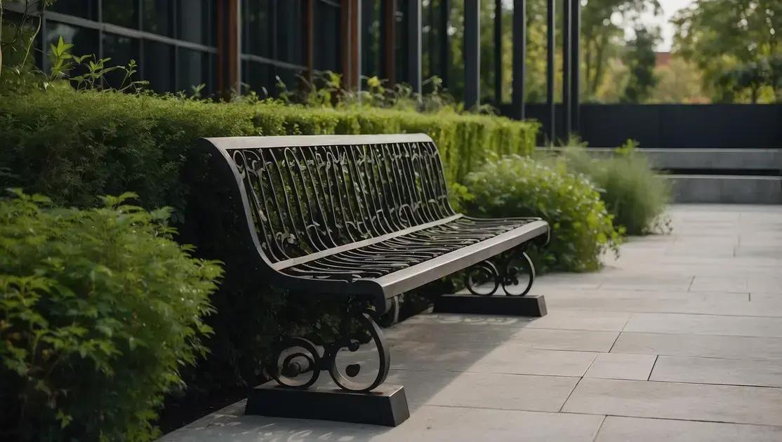 Criação e design de bancos longos de demolição com estrutura de ferro forjado