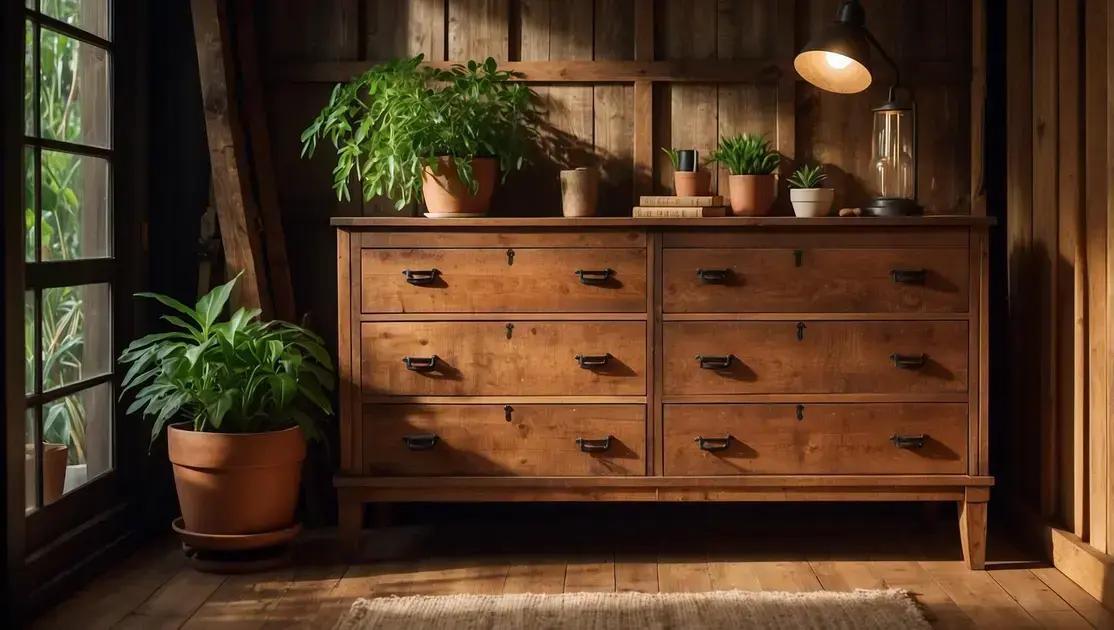 Criação e design de cômodas rústicas com gavetas de madeira canela natural