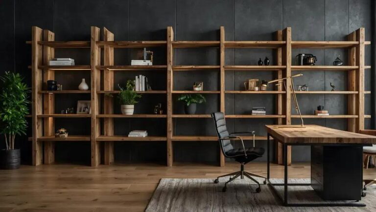 Criação e design de estantes modulares de madeira reciclada para home office