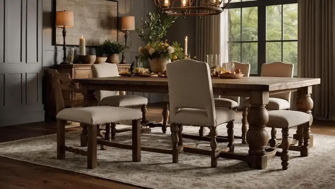 Criação e design de mesas de jantar rústicas com tampo espesso e pés torneados