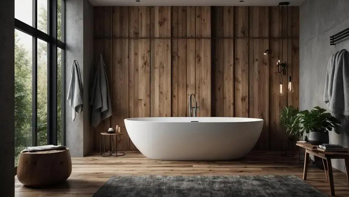 Decoração de banheiro moderno com detalhes rústicos em madeira impermeabilizada