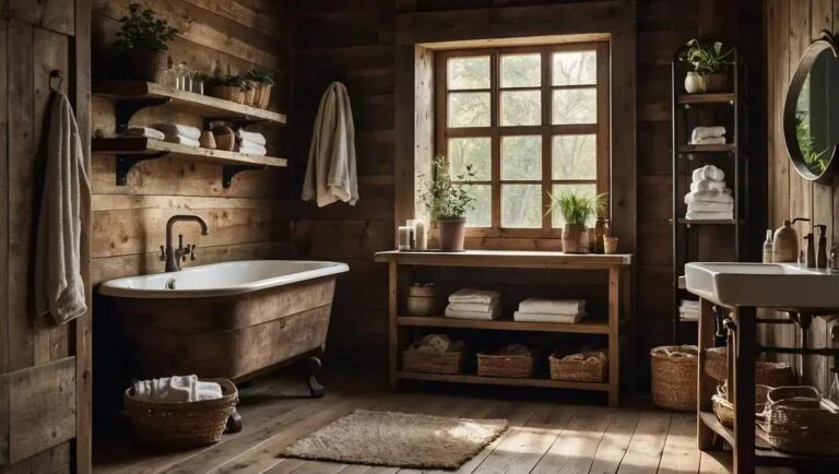 Decoração de banheiro rústico com pia de demolição e prateleiras abertas