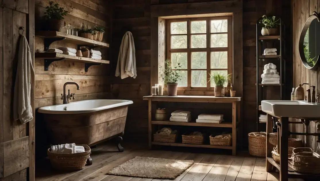 Decoração de banheiro rústico com pia de demolição e prateleiras abertas