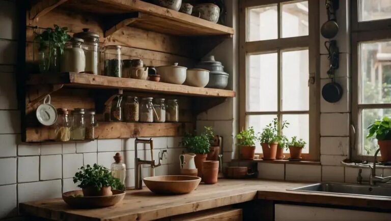 Decoração de cozinha compacta com prateleiras de madeira reciclada e cerâmica