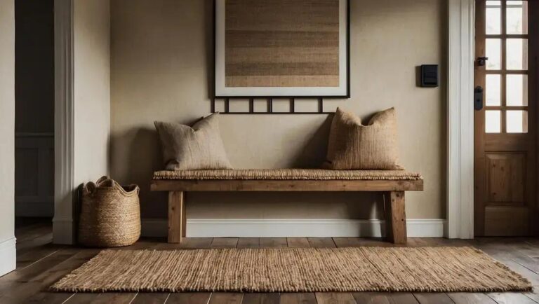 Decoração de hall de entrada com banco de demolição e tapete de juta natural