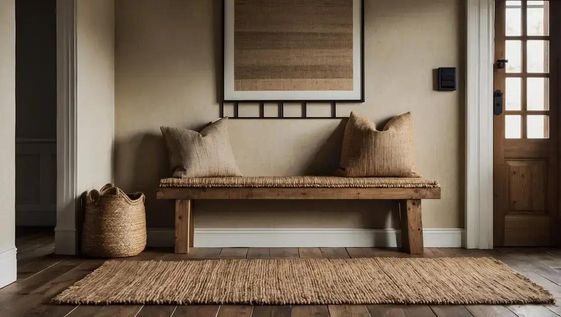 Decoração de hall de entrada com banco de demolição e tapete de juta natural