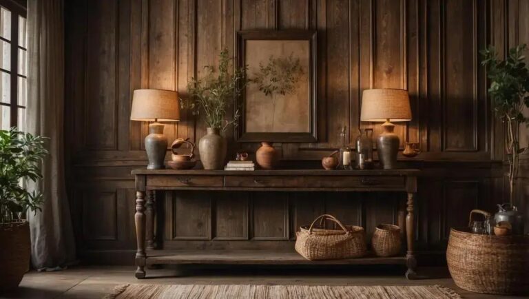 Decoração de hall rústico elegante com aparador antigo e parede texturizada