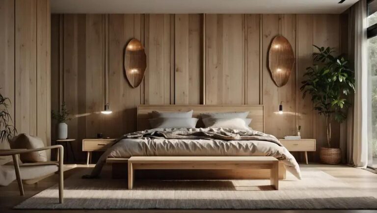 Decoração de quarto minimalista com móveis de madeira clara e fibras naturais