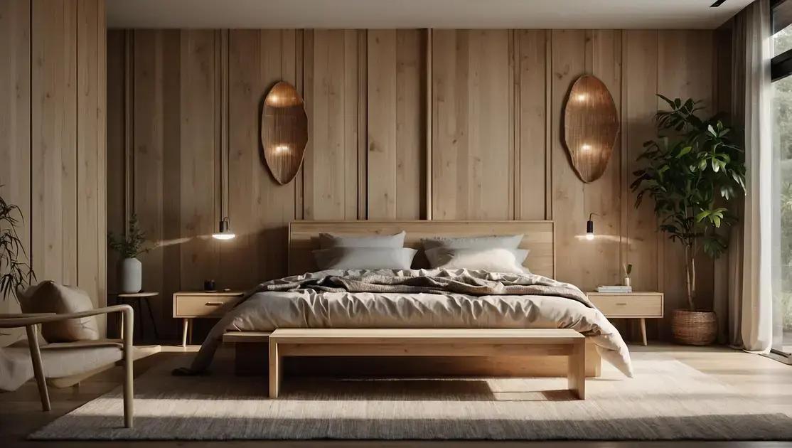 Decoração de quarto minimalista com móveis de madeira clara e fibras naturais