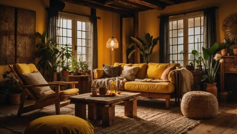 Decoração de sala boho com móveis de madeira reciclada e iluminação amarelada