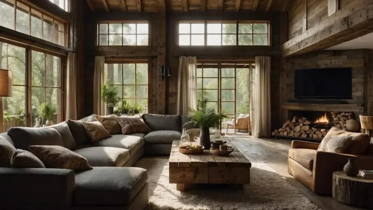 Decoração de sala integrada com móveis de madeira de demolição e luz natural