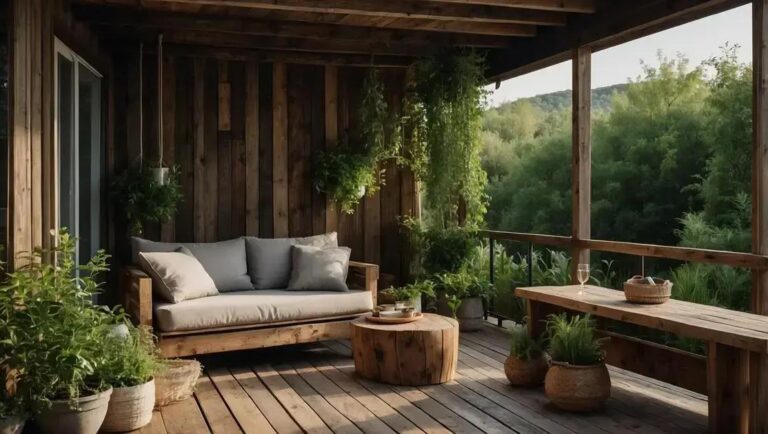 Decoração de varanda coberta com móveis de madeira de demolição e plantas naturais