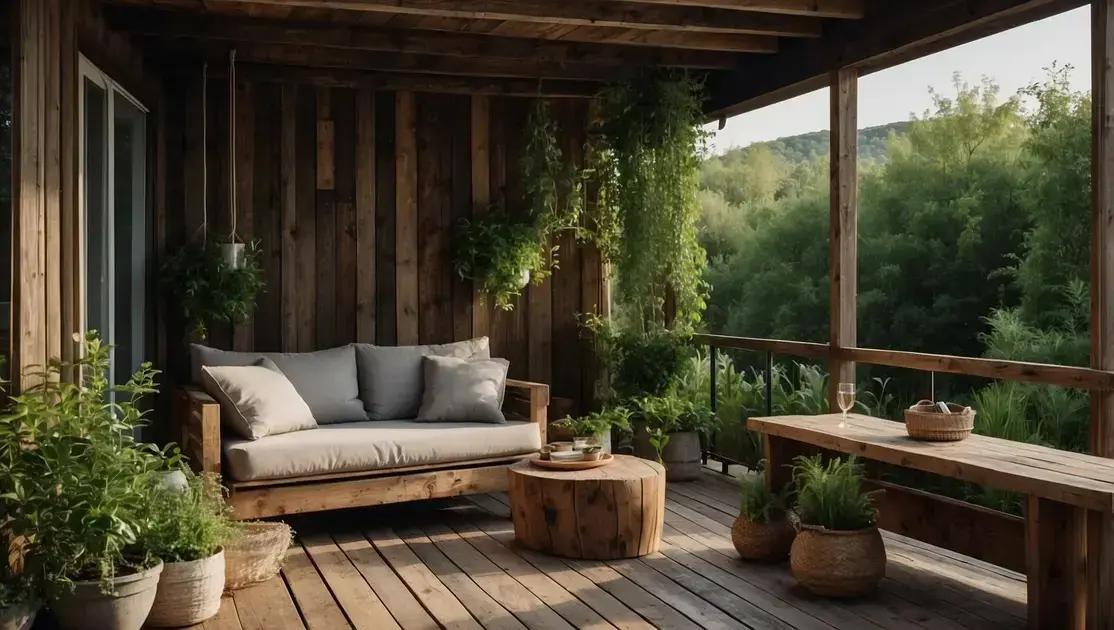 Decoração de varanda coberta com móveis de madeira de demolição e plantas naturais