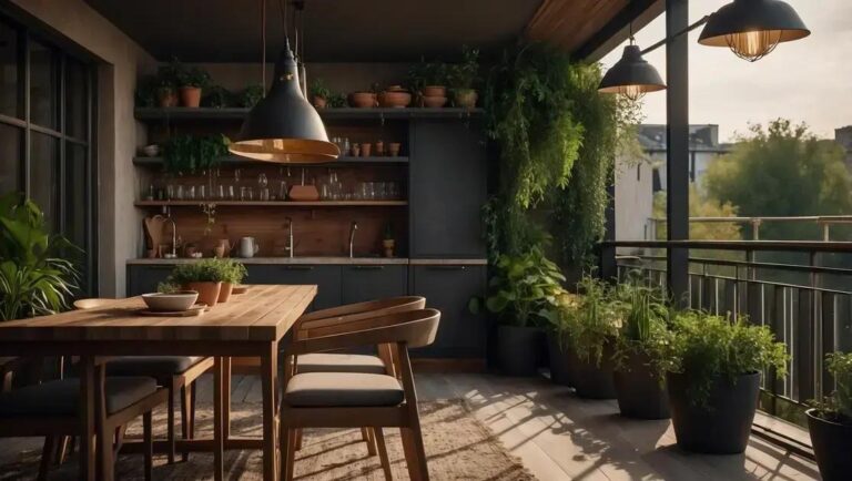 Decoração de varanda gourmet com balcão de demolição e luminárias pendentes