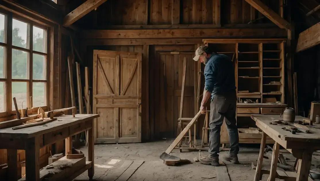 Restauração artesanal de portas de fazenda com acabamento queimado artesanal