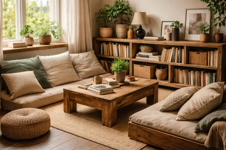 Decoração de espaços de leitura com móveis rústicos de baixa altura e acabamento fosco natural