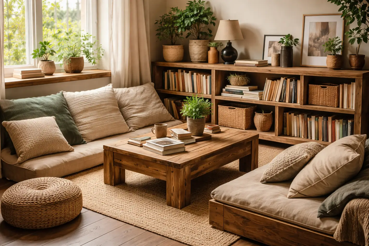 Decoração de espaços de leitura com móveis rústicos de baixa altura e acabamento fosco natural