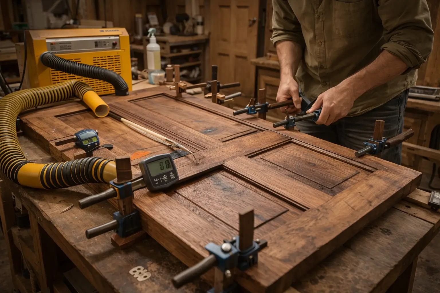 Restauração artesanal de portas maciças com recuperação de empenamento por umidade controlada