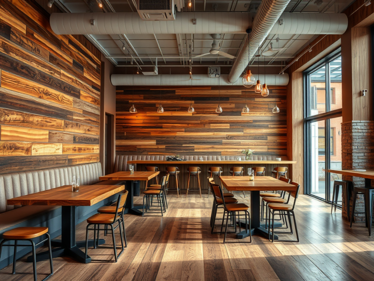 Decoração de ambientes comerciais com madeira de demolição tratada para alto tráfego