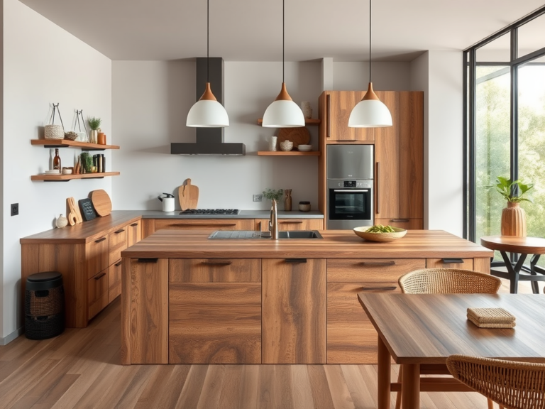 Decoração de cozinhas com prateleiras estruturais de madeira de demolição sem ferragens aparentes