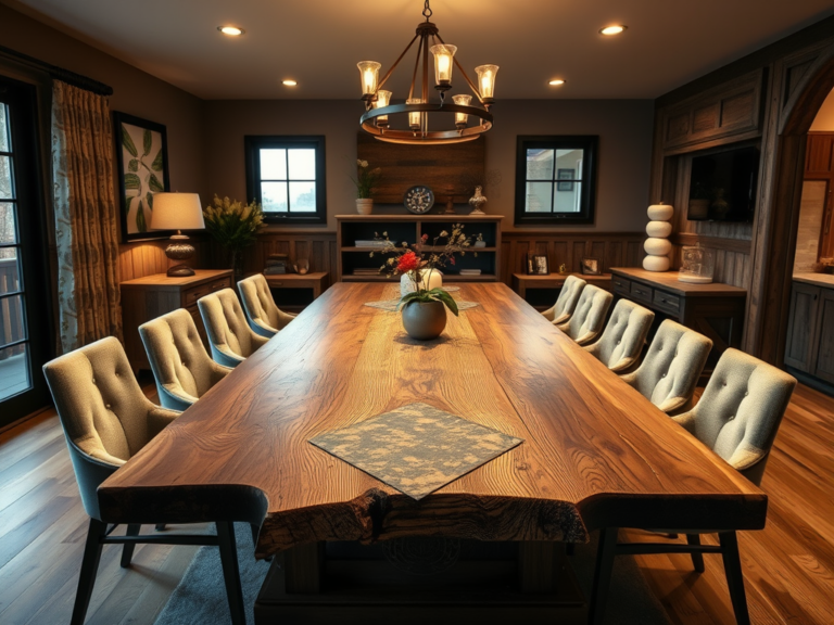 Decoração de salas de jantar com mesas de demolição e iluminação zenital quente difusa