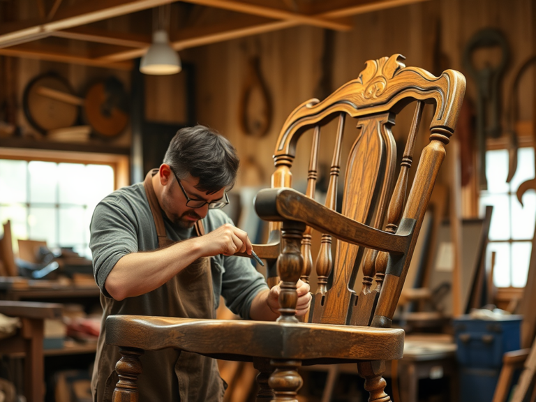 Restauração artesanal de cadeiras antigas com reconstrução de encaixes cônicos tradicionais