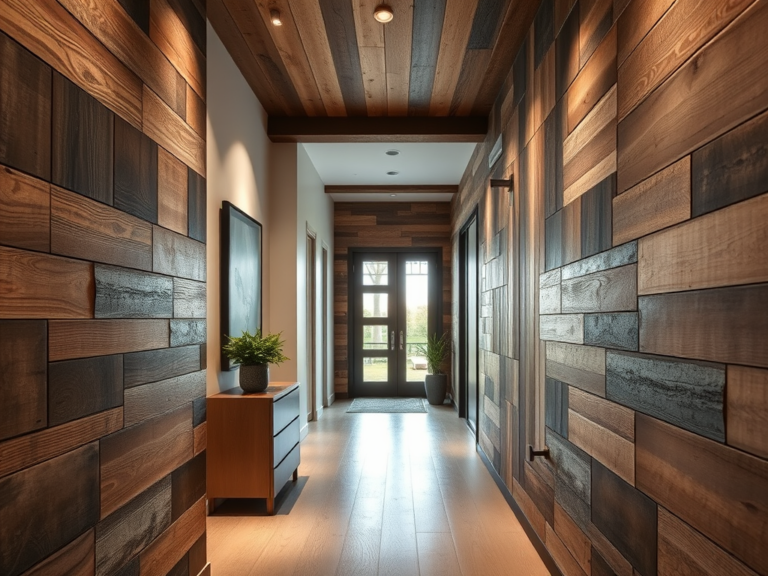 Decoração de corredores residenciais com painéis verticais de madeira reaproveitada texturizada