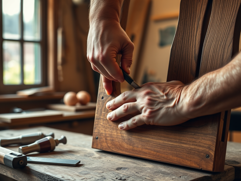 Restauração artesanal de móveis com estabilização de trincas usando cunhagem reversível