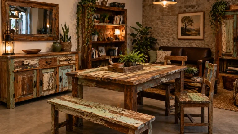 Design de móveis rústicos com acabamento envelhecido para interiores