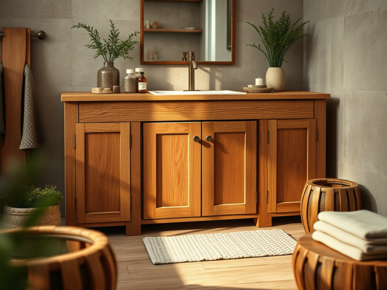 Móveis rústicos para banheiro com madeira tratada resistente
