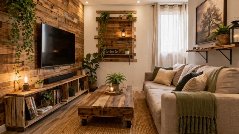 Decoração rústica para sala pequena com madeira reciclada